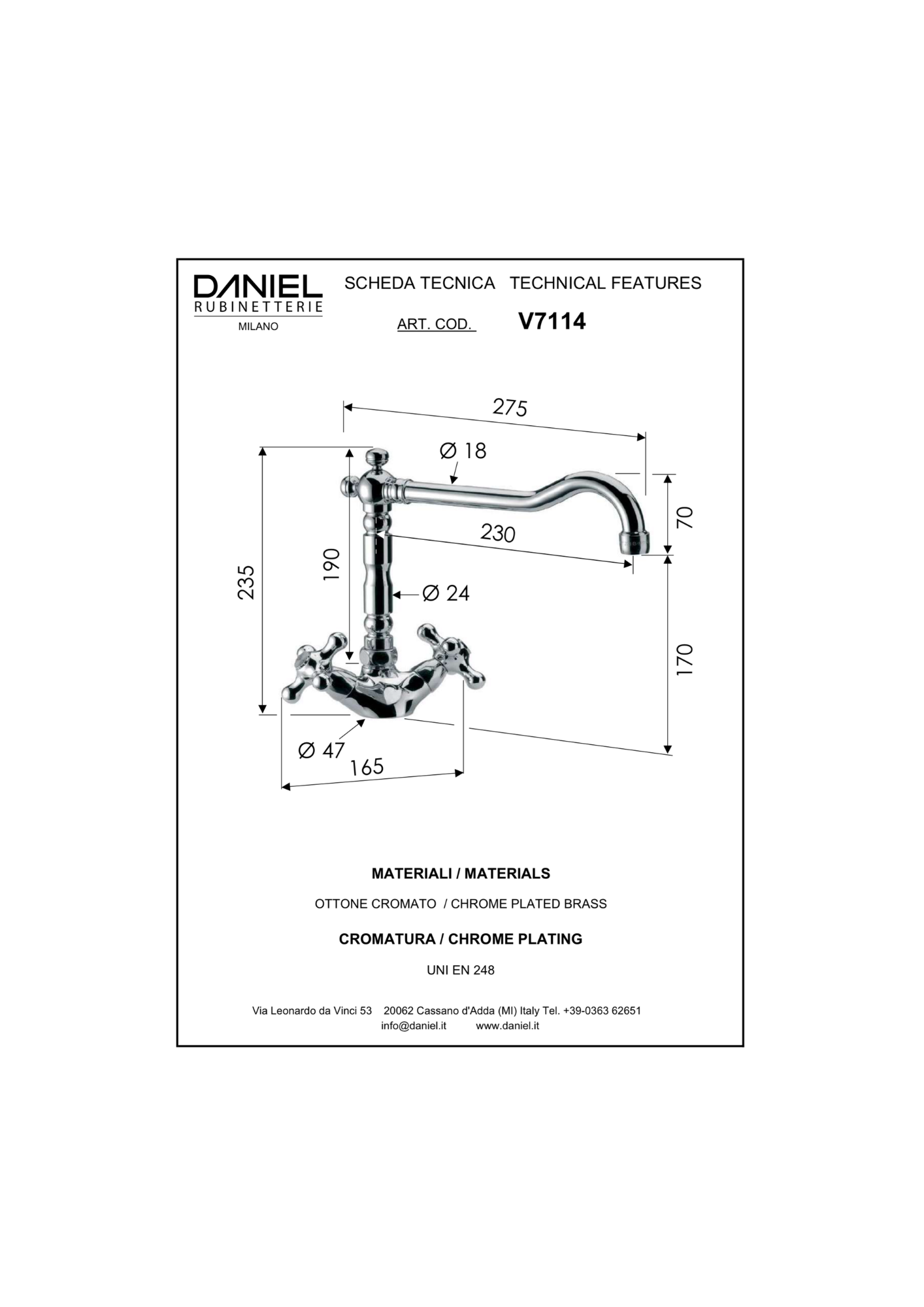 Miscelatore monoforo lavello canna antica Daniel Revival V7114