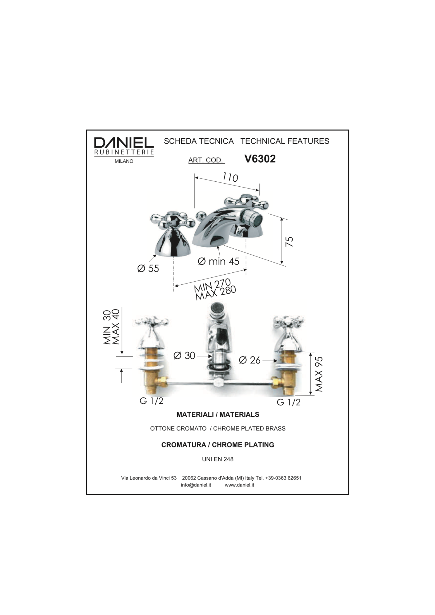Batteria bidet 3 fori canna bassa Daniel Revival V6032